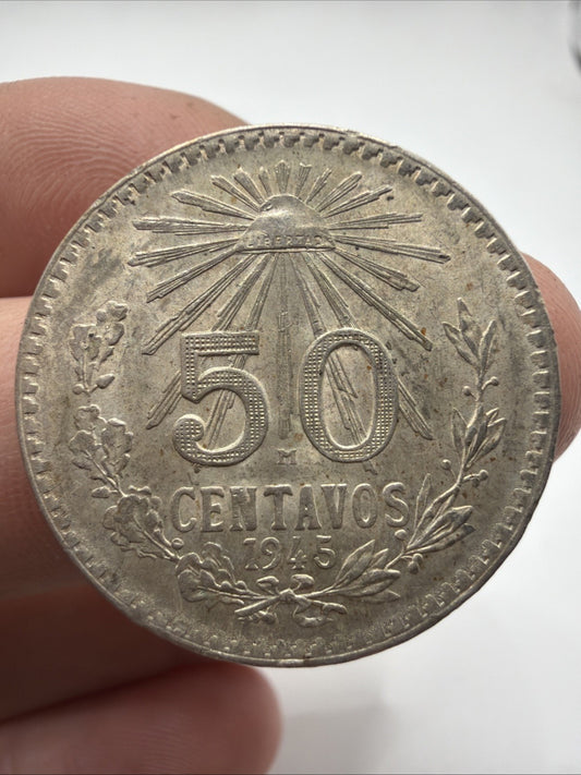 1945 Mexico 50 Centavos .720 Silver Coin Cap And Rays Resplandor1