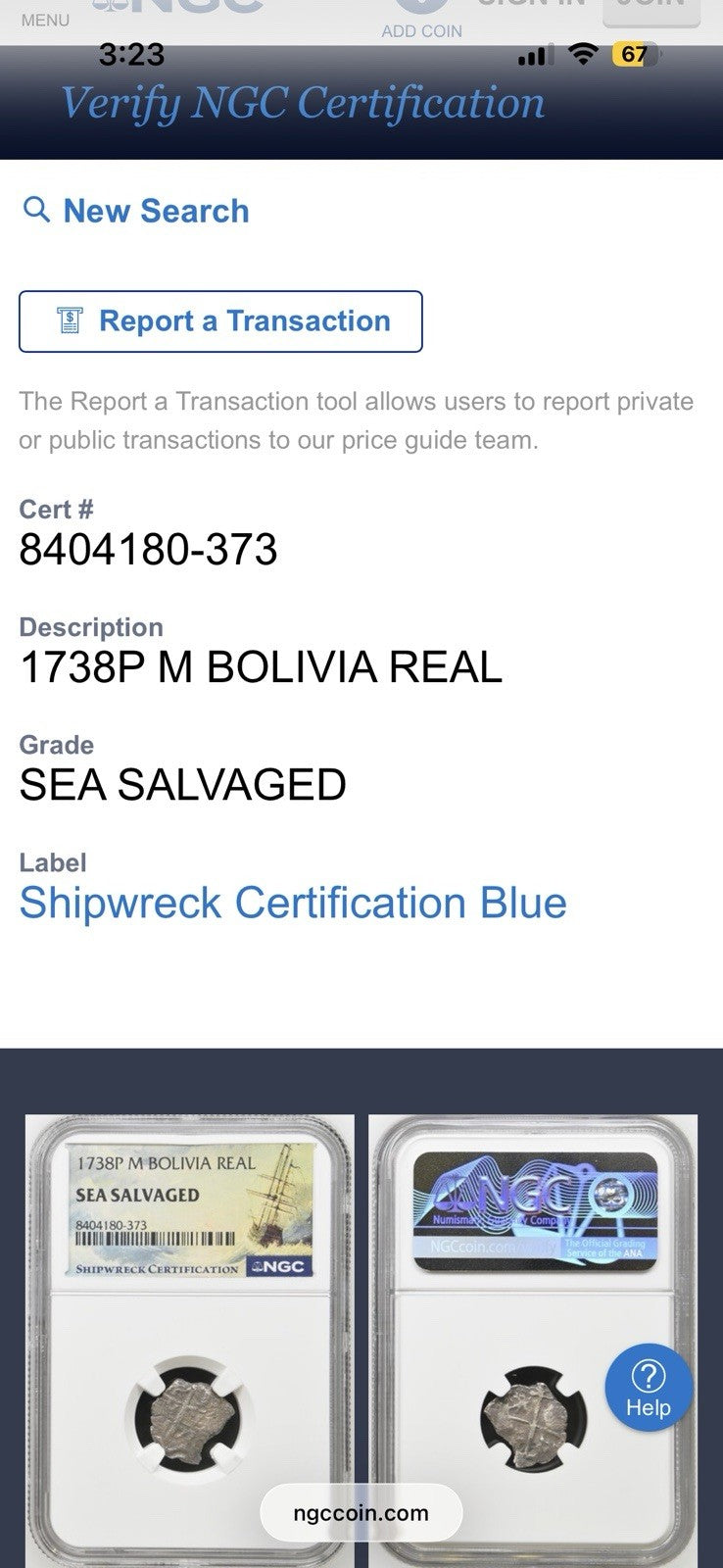 1738 P Bolivia 1 Real Silver Coin NGC Graded Slab Shipwreck Sea Salvaged
