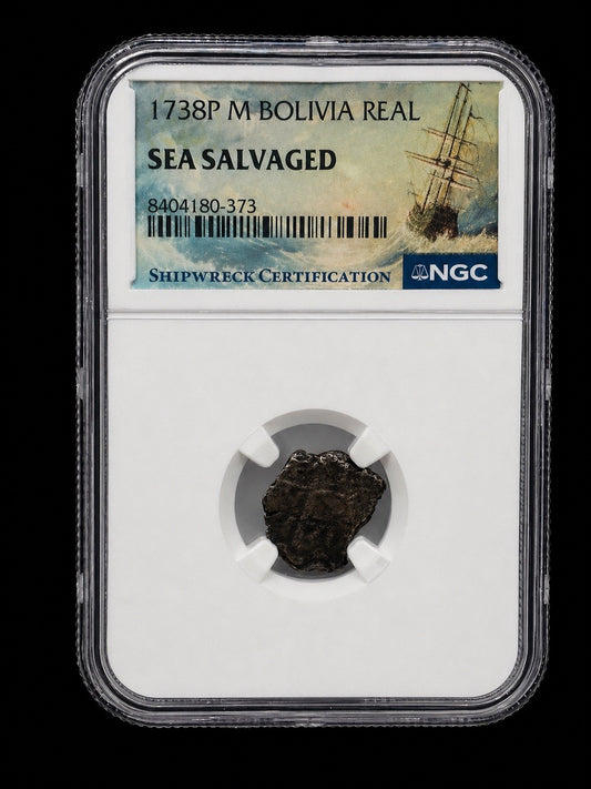 1738 P Bolivia 1 Real Silver Coin NGC Graded Slab Shipwreck Sea Salvaged
