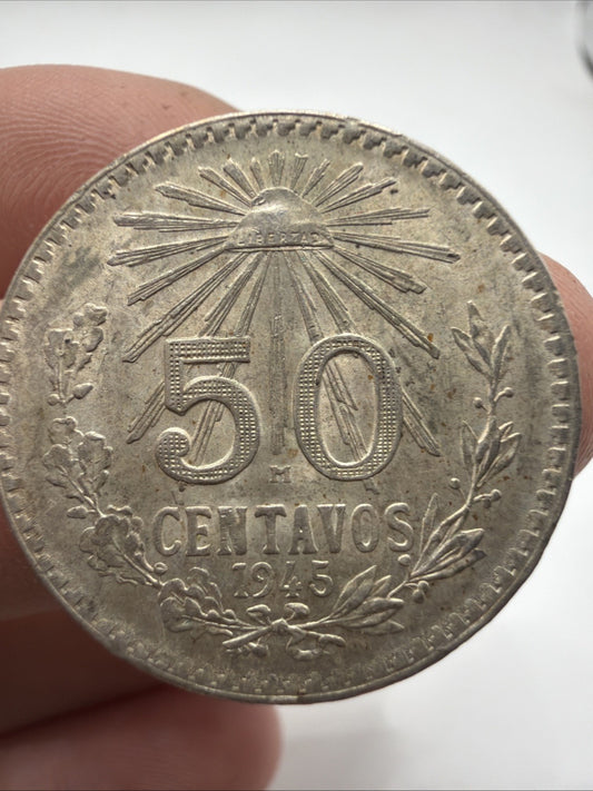1945 Mexico 50 Centavos .720 Silver Coin Cap And Rays Resplandor0
